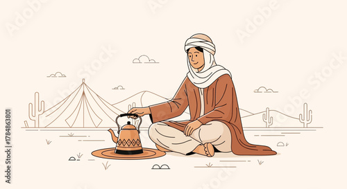 Illustrative depiction of a Bedouin man making tea in the desert landscape scenery peaceful desert