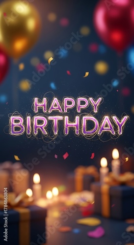 Happy birthday greeting with balloons and gifts festive celebration concept