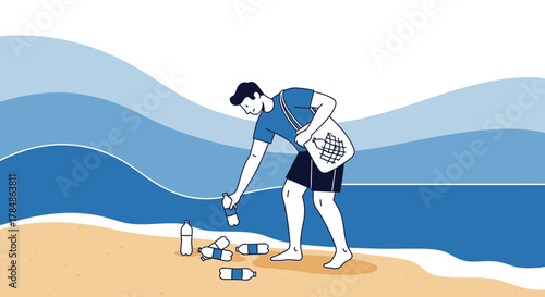 Man cleaning beach and collecting plastic bottles demonstrating environmental responsibility for