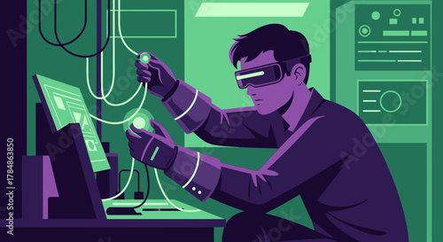 Man using virtual reality headset to interact with a complex system simulation in a futuristic