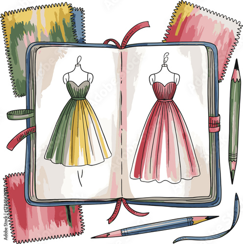 Fashion design sketchbook with dresses and fabric swatches