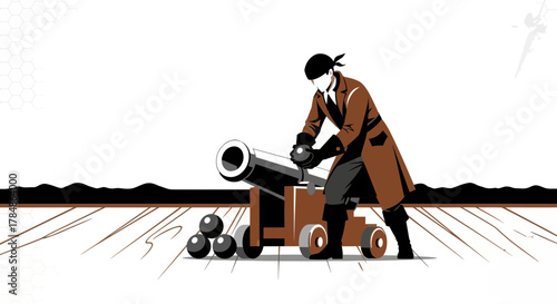 Pirate preparing to fire cannon vector art illustration with ocean background design minimal style
