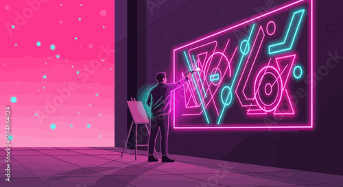 Neon Dreams: Artist Creates Abstract Light Painting in a Futuristic Purple Room