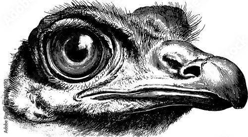 Bird head illustration with detailed features in a vintage style. Black and white vector art emphasizing nature and animal anatomy.
