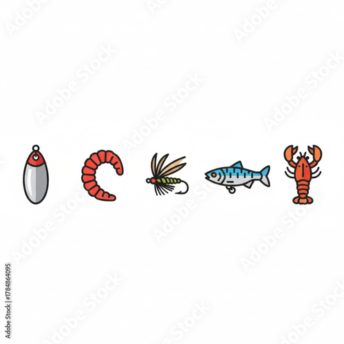Colorful collection of various fishing lures and bait. Includes a sinker, artificial worm, fly lure, fish-shaped bait, and lobster lure, essential for successful angling