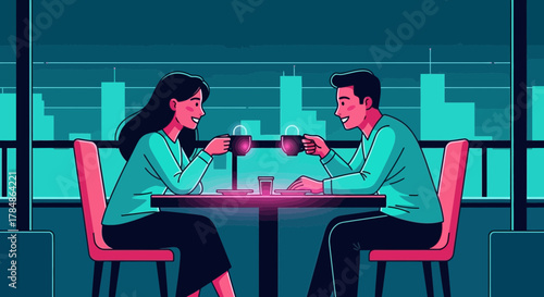 Romantic evening cityscape: Couple enjoying coffee in a stylish urban setting with skyline view
