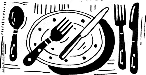 Table setting with a plate, fork, and knife in black and white. Simple vector illustration of dining cutlery set.