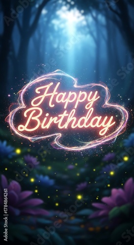 Happy birthday neon sign forest background greeting card illustration