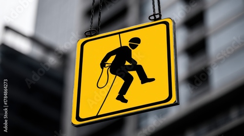 Safety Sign for Rope Access Work with High-Rise Building Background
