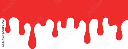Halloween vector blood seamless border. Red dripping liquid paint with splatter, leaking bleeding splashes. Horror stain, crude blob bg. Isolated horror ink trickle. Grunge splat abstract leak texture