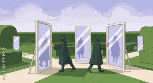 Surreal garden with cloaked figures and mystical mirrors reflecting shadowy figures in a dreamlike