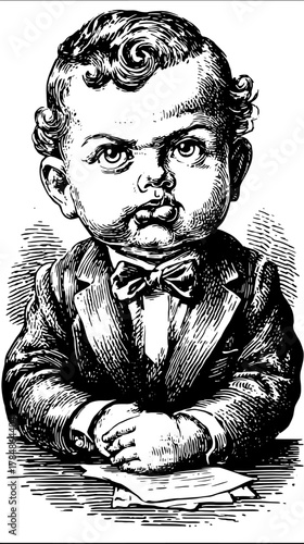 Vintage baby illustration in a classic style. Features a cute character in a bowtie, presented as a vector artwork with a detailed outline.