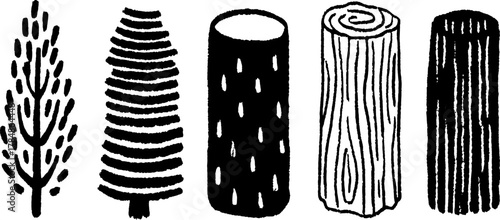 Set of tree illustrations in minimal black and white style. Features conifers, trunks, and branches as vector illustration showcasing nature and texture.