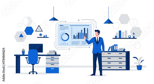 A professional businessman presenting financial data analysis in a modern office setting with