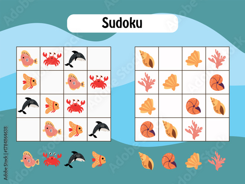 Ocean Animals Sudoku Puzzle for Kids. 