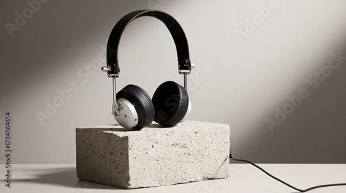 Industrial Black and Silver Headphones on Concrete Block