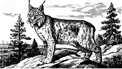 Lynx illustration in black and white outline style. Vintage wildlife artwork in a natural scene, featuring trees and rocks in a detailed vector set.