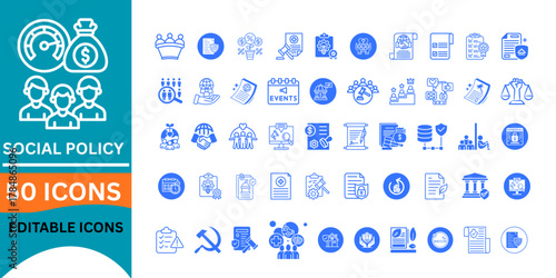 Comprehensive icon set presenting social policies, regulations, and laws, perfect for presentations, websites, and infographics about social issues and governance