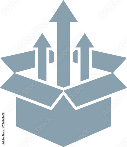 Product export and delivery with rising arrows from open box.