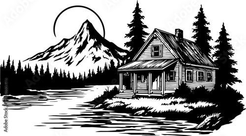 House among trees and mountains, silhouetted against a river. This vintage vector illustration portrays a tranquil outdoor scene.