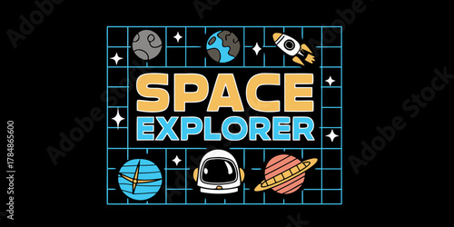 Cute space explorer design featuring planets rocket astronaut helmet and stars on black background