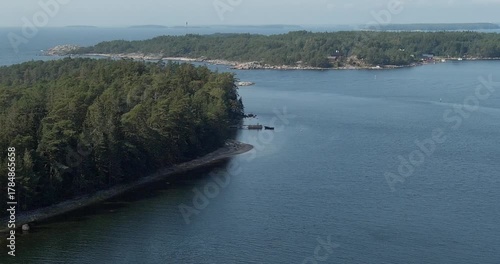 Aerial view of  of Viborgssundet strait in sunny summer weather, Pirttisaari, Porvoo, Finland