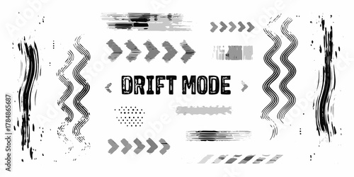 Drift mode text surrounded by grunge paint strokes and arrow graphics on white background