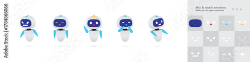 AI Agent Vector Set — Easily Editable Emotions for Custom Chatbot Characters Customizable AI agent illustration kit. Build expressive chatbot avatars with interchangeable eyes and mouths.
