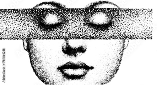 Monochrome face illustration featuring closed eyes, represented through a dot pattern. The digital vector image emphasizes simplicity and modern design.