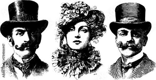 Engravings of vintage portraits in line drawing style. Black and white illustrations in an elegant set with ornate details and vector art.