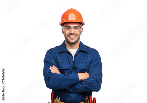 A smiling construction worker wearing a blue uniform and orange hard hat with arms crossed isolated on transparent background