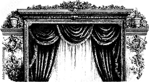 Vintage theater curtain with ornate arch and decorative frame. Black and white vector illustration of classic drapes and plants.