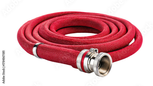 High pressure red industrial hose with metal connector showing durability strength utility and reliable construction component for equipment use on white background
