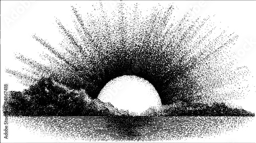 Sun emerging from the horizon with rays spreading. Black and white vector illustration of a scenic ocean landscape.