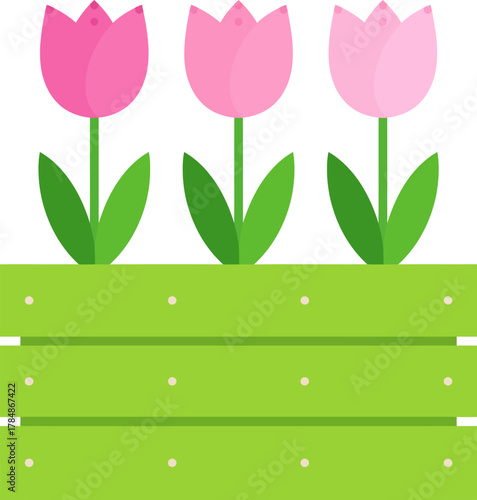 Three pink tulips with green leaves growing in a vibrant green wooden planter box, depicted in a flat vector style.