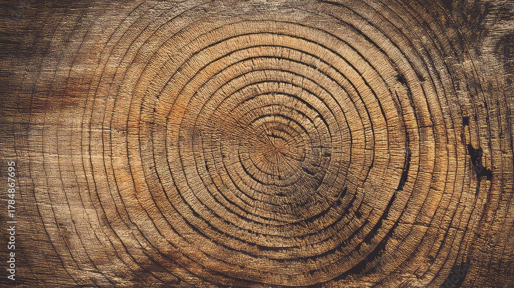 Naklejka premium Close-up View of Tree Ring Patterns on Cross-Section of Wooden Log Revealing Natural Texture and Age Details