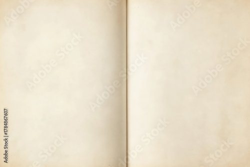 Vintage blank book page spread with soft aged paper texture and natural lighting for journaling, mockup, and design projects