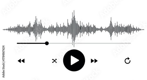 Audio waveform visualization with play, pause, and rewind controls, representing sound or music playback, isolated on transparent background