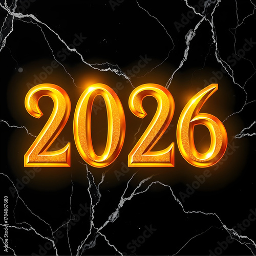 Fiery golden year 2026 text glowing against a dramatic black marble background with cracks