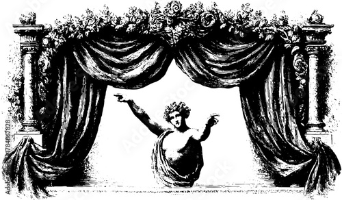 Classical stage with ornate curtain, columns, and central statue in engraving style. Vector illustration.