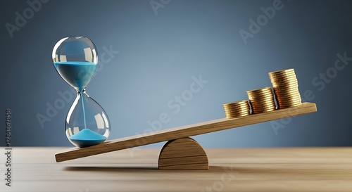 Time is money investment hourglass with gold coins balance, financial management and planning for future profits concept, wealth accumulation