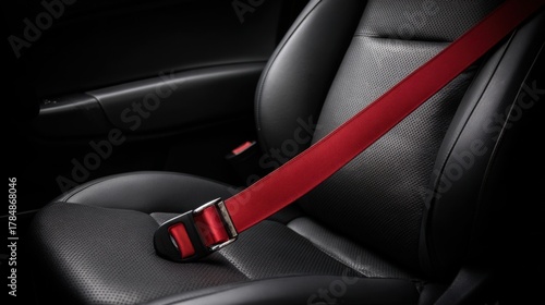 Red Seat Belt on Black Leather Car Interior Highlighting Safety