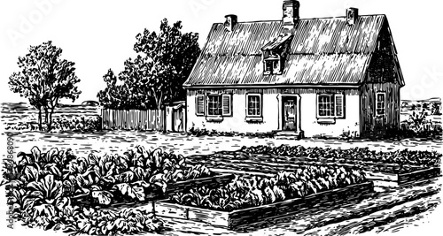 Vintage house in a scenic rural setting with a garden. Simple black and white outline illustration, featuring crops and trees in a vector format.