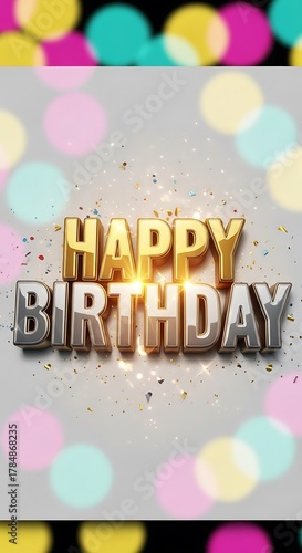 Happy birthday text with gold and silver letters against a bokeh background
