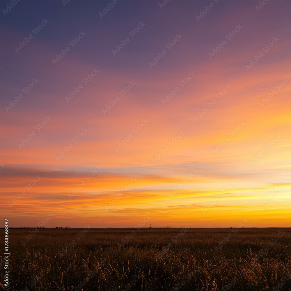 Obraz premium Expansive natural background featuring the vibrant meeting of warm sunset colors across a vast, endless landscape and open sky ,outdoor ,tranquil ,dramatic