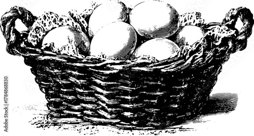 A vintage basket filled with eggs, illustrated in a hand-drawn engraving style. The black outline vector illustration provides a classic kitchen decor theme.