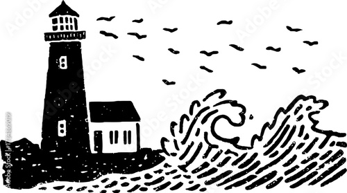 Lighthouse silhouette with waves. Black outline art depicting coastal scenery in a set for vector illustration.