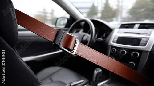 Brown Seat Belt in Modern Car Interior with Focus on Safety Features