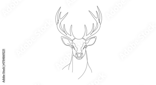 Elegant single line art captures majestic deer head with impressive antlers, symbolizing nature's grace and wild beauty.