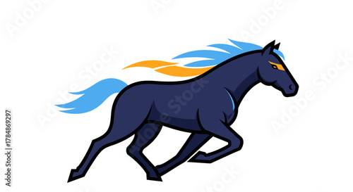 Dynamic dark blue horse with vibrant orange and blue mane and tail galloping powerfully, symbolizing speed and strength